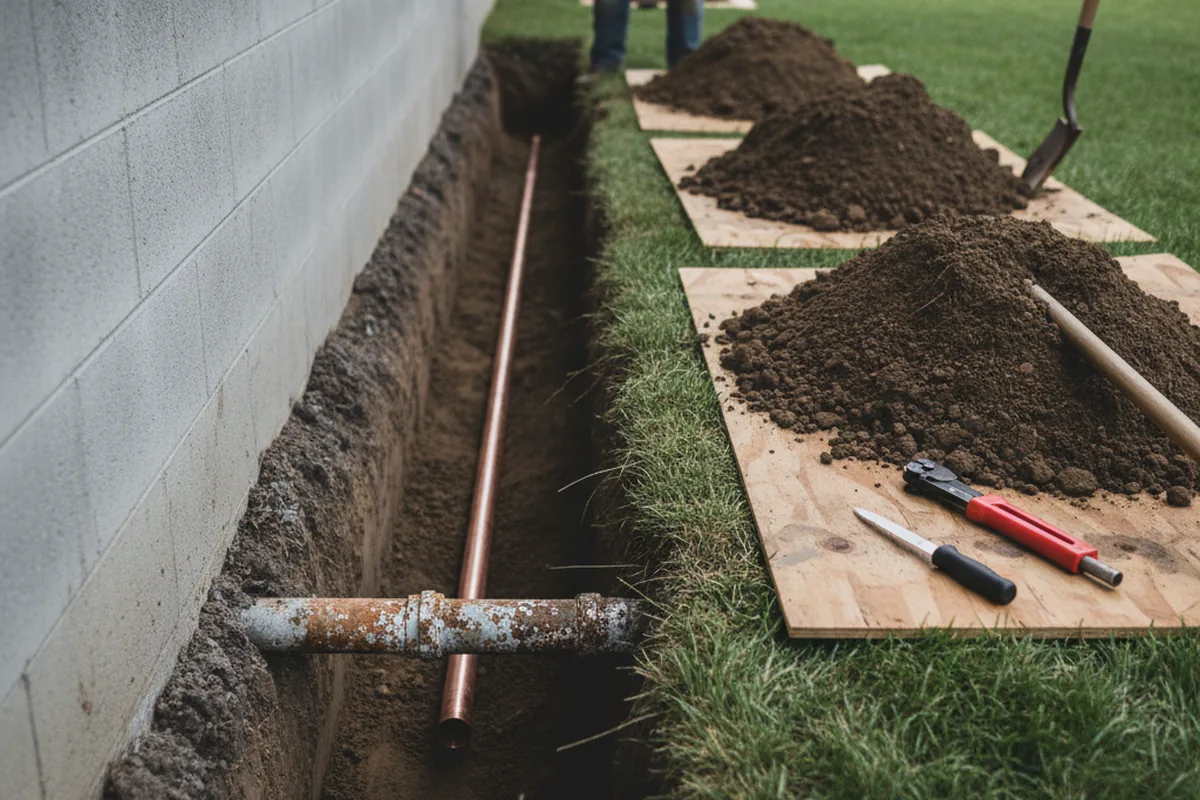 Excavated water line trench during Water Softener Installation in Manning